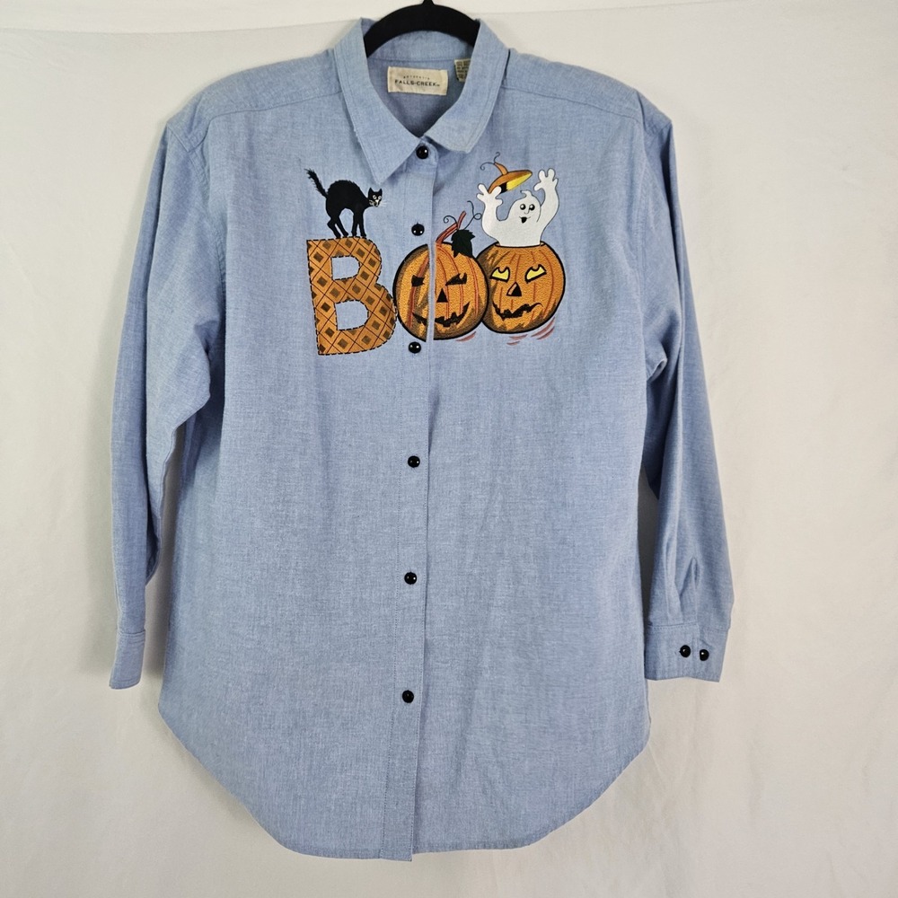 Vintage 90s Y2K Halloween Denim Button Shirt Black Cat Fall Medium